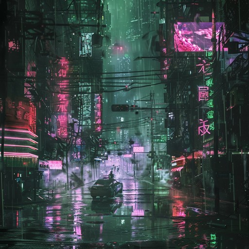 Navigate through a dark, cybernetic soundscape with distorted 8 bit glitches and intense industrial beats, capturing the essence of a neon lit dystopian city.