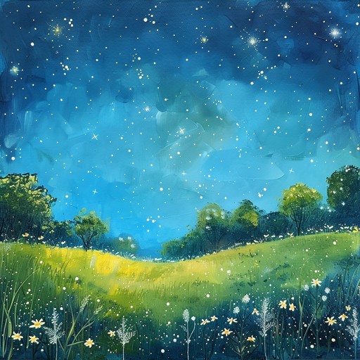 Soft acoustic guitar arpeggios and delicate piano notes dance together, creating a serene and enchanting atmosphere. The melody evokes images of a peaceful meadow bathed in starlight, with fireflies flickering in the cool night air. Subtle atmospheric synths and nature sounds add depth and texture to the soundscape.