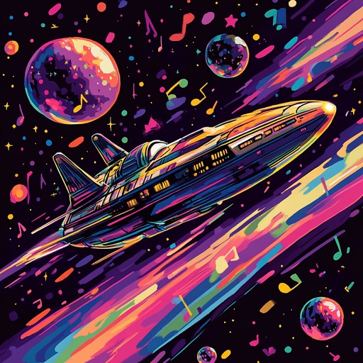 An instrumental track that fuses classic 1970s disco funk grooves with modern electronic elements, taking listeners on a cosmic journey through shimmering synth landscapes, funky basslines, and vibrant rhythms inspired by space age themes