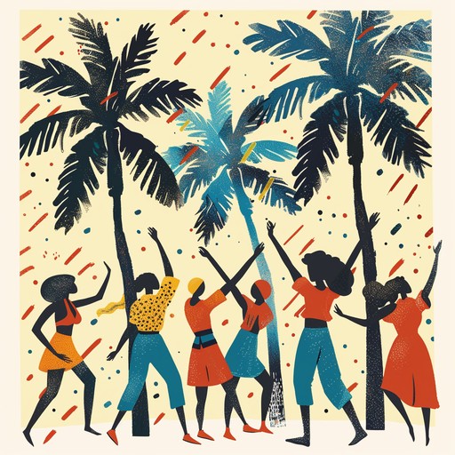 Let the sunny, playful percussion rhythms of afro cuban beats inspire a whimsical, joyful dance amid a vibrant tropical festival. The sounds of conga drums and festive melodies create a lively, carefree atmosphere.