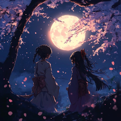 A melodic piano piece intertwined with delicate strings, painting a serene, romantic scene under the glow of moonlit cherry blossoms. This composition evokes deep emotions and captures the essence of heartfelt anime moments