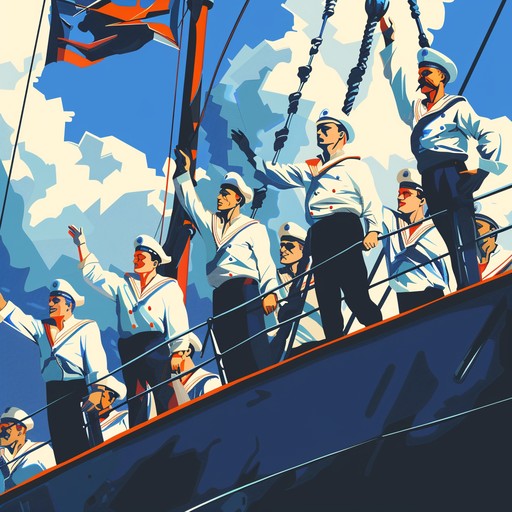 A lively and spirited instrumental capturing the essence of a russian naval journey, with playful melodies and vibrant rhythms painting a picture of sailors' adventures on the high seas. The accordion leads, mimicking the waves' ebbs and flows, while rhythmic percussion keeps the pace like a ship's crew bustling about. The song radiates with marine charm and joyful exuberance, perfect for a nautical festivity.