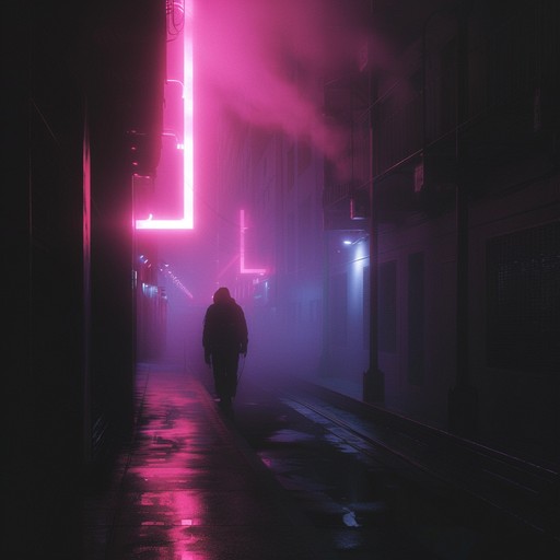 A synthpop track with chilling, ghostly synths creating an unsettling atmosphere, perfect for a neon lit, suspenseful nightscape. The melodies are eerie, with echoing waves that leave listeners captivated yet uneasy.