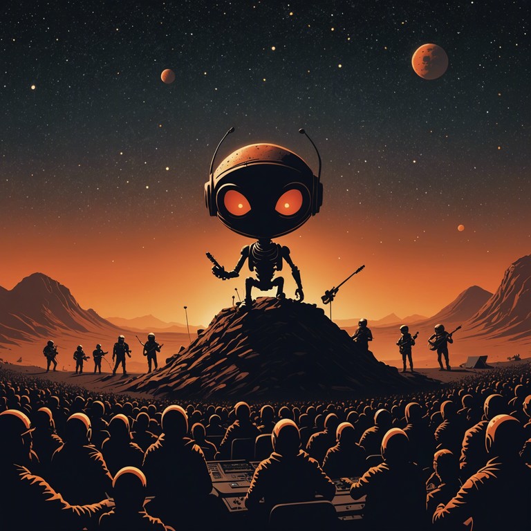 Extraterrestrials and humans clash in an epic battle of beats and riffs on a martian arena. The music carries a sense of adventure and fun, mixed with the hard hitting elements of metal. This track promises not only a sonic journey but also a narrative of cross planet camaraderie and competition.