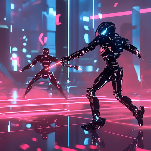 Immerse yourself in an electrifying cyberpunk warzone, with heavy synth textures, driving rhythms, evoking a high tech battle intensity