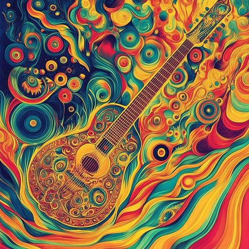 An exhilarating journey fusing traditional indian raga scales with the electrifying energy of psychedelic rock, featuring sitar and guitar interplay, dynamic rhythms, and mesmerizing solos, capturing the essence of east meets west.