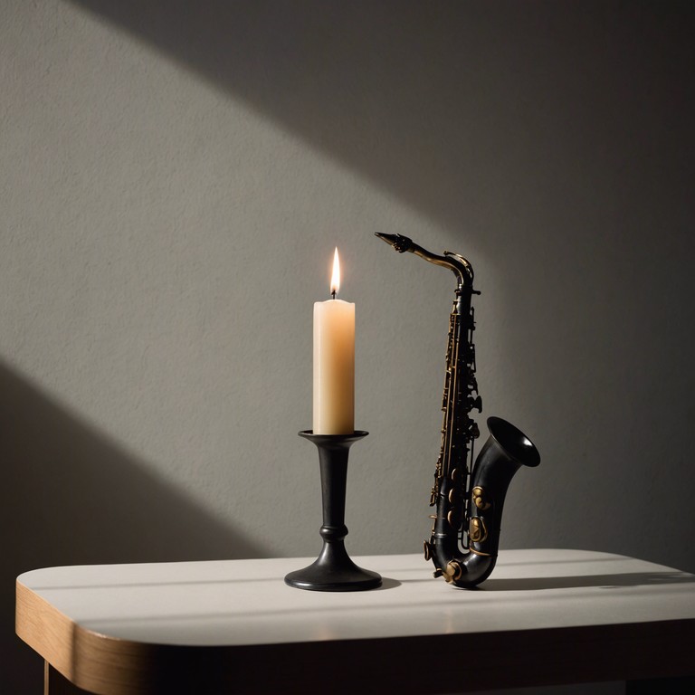 Imagine a small, cozy jazz club at midnight, barely lit by candlelight, where the soft, sultry sound of a saxophone fills the air, inviting listeners into a world of intimate storytelling and deep emotion. The music captures the essence of quiet, late night reflections, each note resonating with the soul's innermost thoughts and feelings.