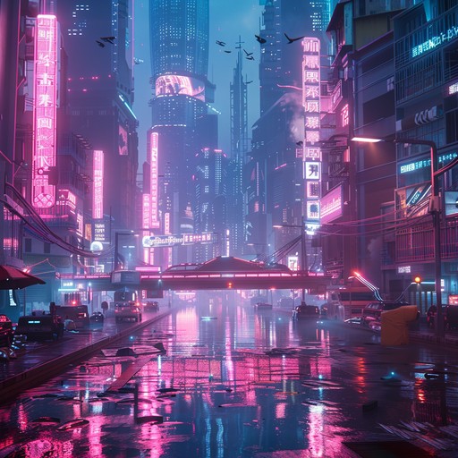 A calm, ambient soundscape that features futuristic and ethereal elements, evoking the quiet beauty of a neon lit cyberpunk city at night. Gentle synths and subtle beats paint a serene picture, perfect for relaxation