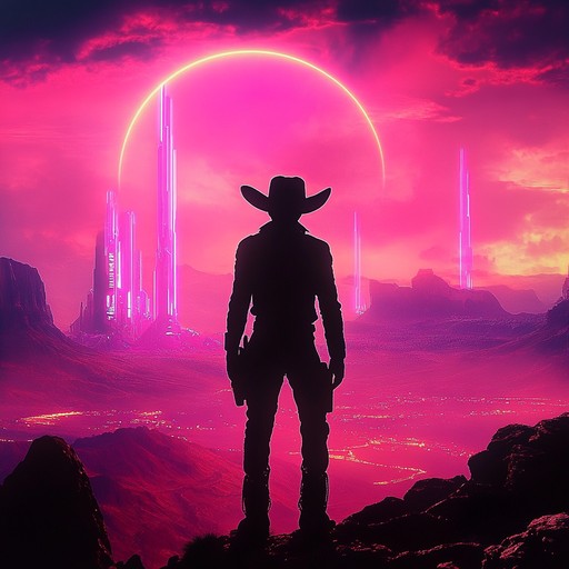 Immerse in a world where cybernetic cowboys and neon lit saloons meet, blending the twang of a steel guitar with futuristic synth layers, creating a cinematic auditory journey through a high tech wild west.