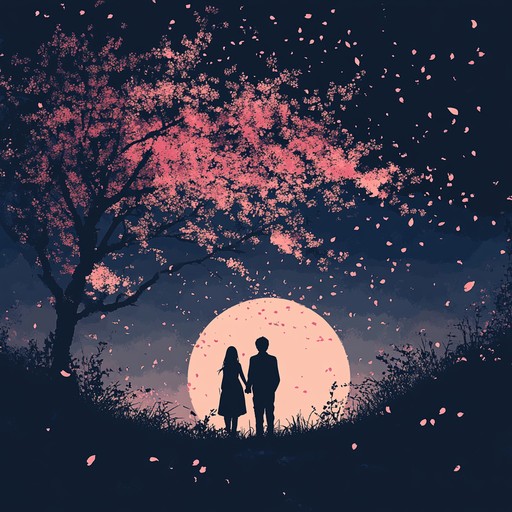 An intimate instrumental piece that weaves gentle piano melodies with soft strings, capturing the delicate sensuality of a romantic encounter under blooming cherry blossom trees in a serene anime setting.