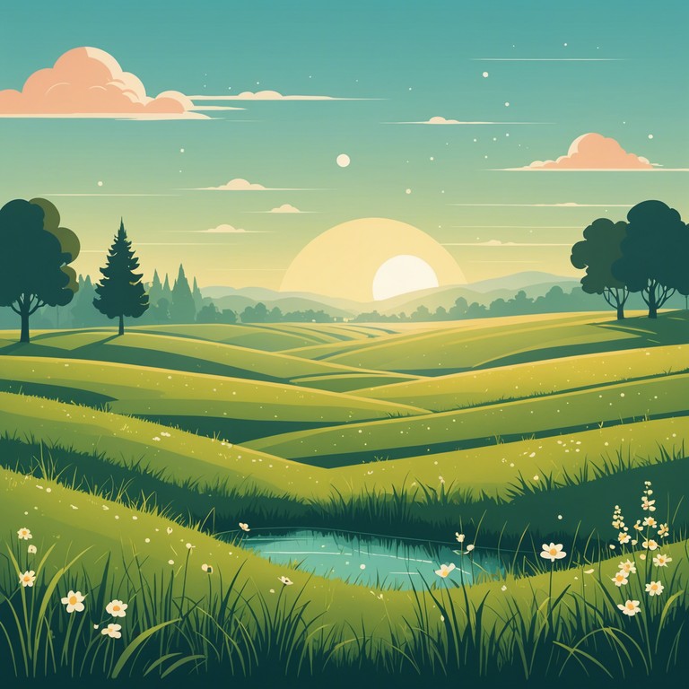 This instrumental piece features a symphony of delicate string instruments that weave together to create a serene, cinematic experience, reminiscent of a soft breeze flowing through a lush, green meadow at dawn. The music gently builds to a subtly uplifting crescendo, encapsulating moments of peace and introspection.