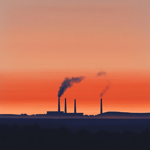 Envision a peaceful scene amidst an industrial backdrop, where the sound of machinery gently merges with ambient melodies. This serene industrial rock track blends raw industrial elements with soothing atmospheric layers, creating a calm, introspective experience. The rhythmic pulse of synthetic beats pairs with mellow guitar riffs, evoking a sense of tranquility and balance.