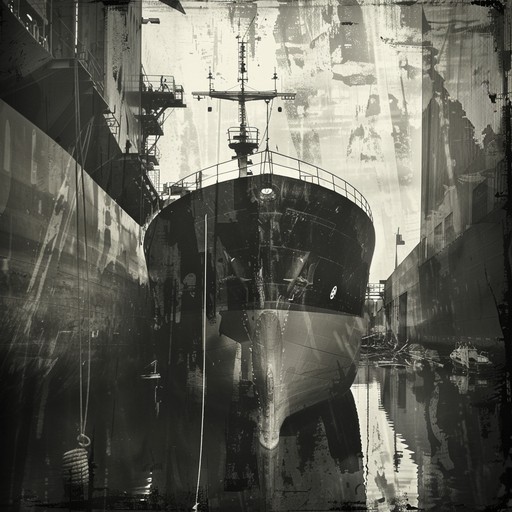 The clanging of massive cranes, the deep rumble of ship engines, and the hiss of hydraulic pistons create an industrial soundscape at a busy port. Metallic percussion, distorted bass, and eerie ambient textures evoke the gritty atmosphere of a working shipyard.