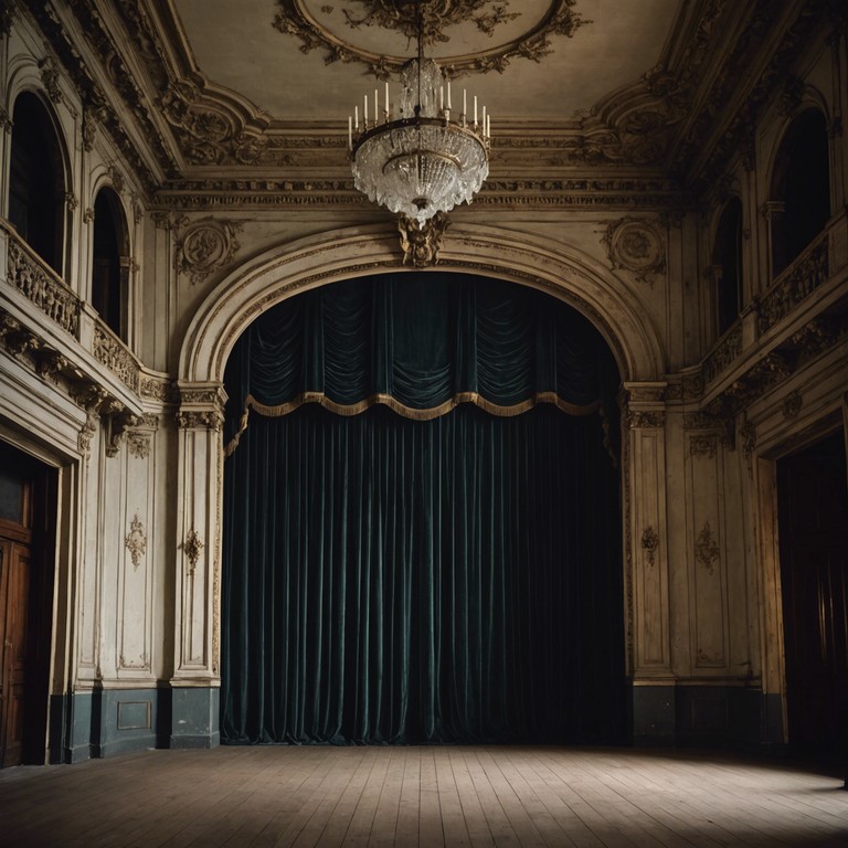 In a long abandoned opera house, every whispered secret has left its echo, shaping an eerie atmosphere of forgotten tales and hidden truths. A single violin plays a complex, chilling composition, echoing through the empty hallways and grand gallery, bringing the whispers of the past to life.