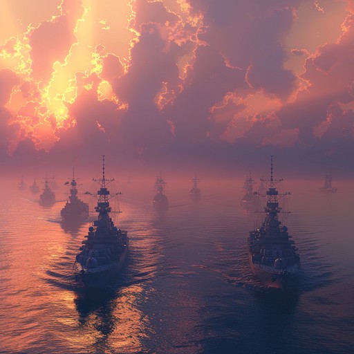 A powerful and majestic composition celebrating the bravery and might of the russian navy, featuring commanding brass, sweeping strings, and resonant drums to create an epic soundscape that invokes images of grand fleets and heroic sailors.