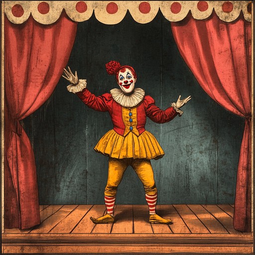 This instrumental piece captures the essence of a playful cabaret show in paris, filled with lively piano melodies, humorous interludes, and theatrical flair. Listeners are transported to a vintage cabaret setting where clowns and performers engage in comedic acts, all underscored by light hearted and jovial music that perfectly complements the playful atmosphere.