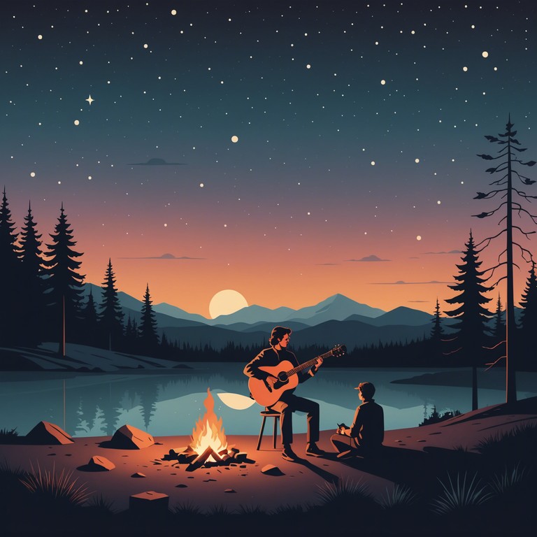 The melody of a guitar under the expansive night sky, telling stories of old highways and bygone love, perfectly encapsulating the americana spirit with every note played softly against the backdrop of a quiet, starry night.