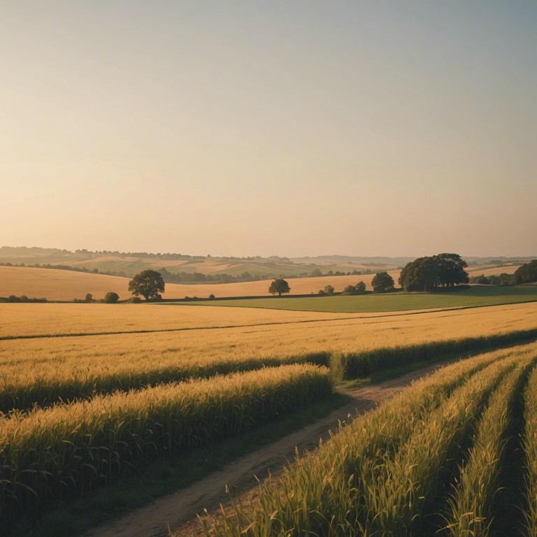 An alternative version of the track that emphasizes the tranquility of an early evening in the countryside, where the last rays of sun grace the serene lands, accompanied by a soft guitar melody that complements the natural ambiance.