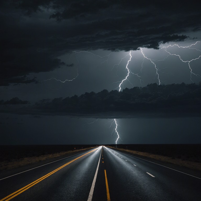 This track embodies a powerful nocturnal journey, driven by the electrifying sounds of electric guitars, evoking the thrill of a midnight ride through a stormy landscape. The music builds with an escalating tension that mimics the unpredictable thrills of racing against the wind under a thundery sky.