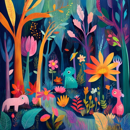 Embark on a colorful journey through enchanted forests with twinkling stars, talking animals, and magical carousels, accompanied by playful melodies and surreal soundscapes that inspire wonder and imagination in kids