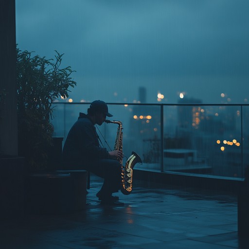 A melancholic yet uplifting jazz house track capturing the essence of bittersweet memories on a rainy night atop the cityscape. Ethereal keys, soulful saxophone, and rhythmic beats blend to evoke a sense of nostalgia and hopeful reflection, perfect for a tranquil evening mood.