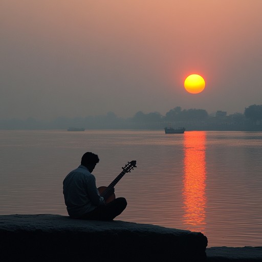 A piece inspired by the serene and introspective beauty of the evening raga, expressing the deep spiritual connection and meditative quality of indian classical music through a series of intricate melodic improvisations, capturing the essence of a quiet sunset.