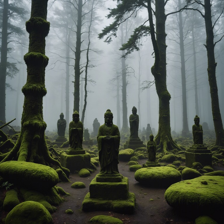 The music track encapsulates the aura of a forgotten era, evoking visuals of deserted, ancient japanese temples shrouded in mist. It blends traditional elements with subtle modern influences to create a soundscape that feels both ancient and ethereal. Through its haunting melodies, it suggests tales of spirits lingering in a world they once knew, their whispers barely audible over the wind.