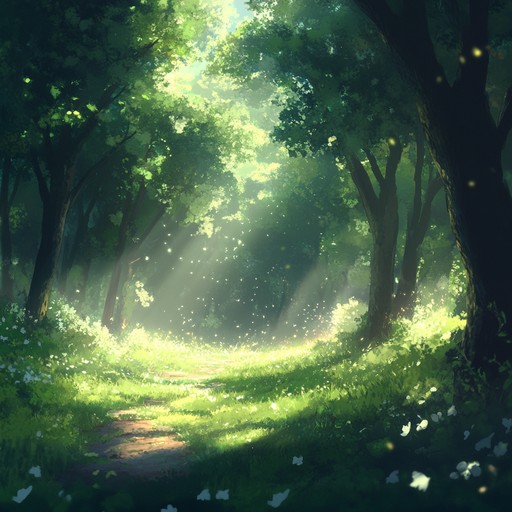 A serene soundscape where gentle whispers merge with rich forest sounds, evoking a mystical, tranquil atmosphere. The ambient track features the sound of rustling leaves, distant bird calls, and subtle, airy whispers that transport the listener to a peaceful woodland. Nature sounds are layered with a melodic whispering texture, creating a compelling auditory experience suitable for meditation or relaxation.