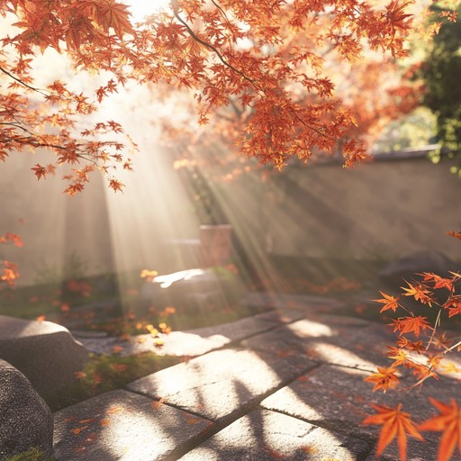 In a heart stirring depiction of kyoto's autumn, delicate cherry blossoms glide softly to the ground, portraying a peaceful and transient beauty. Traditional japanese instruments replicate the pitter patter of falling petals against the backdrop of ancient temples, as gentle winds whisper tales of changing seasons.