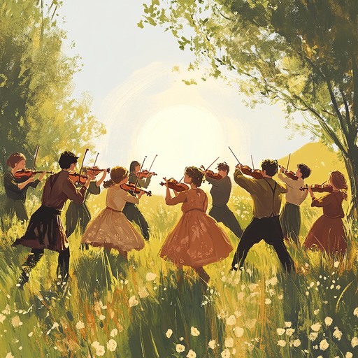 An upbeat instrumental featuring spirited fiddle and flute melodies that inspire toe tapping and heartwarming smiles, reminiscent of dancing in a sunlit glen