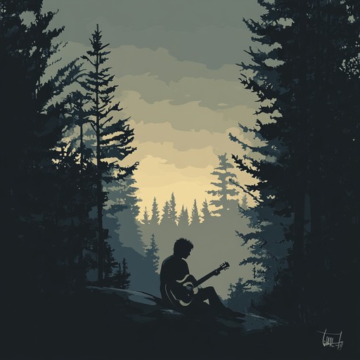 An intimate bluegrass instrumental featuring gentle acoustic strings that capture the serene atmosphere of dusk among whispering pine trees, inviting listeners into a moment of peaceful introspection.