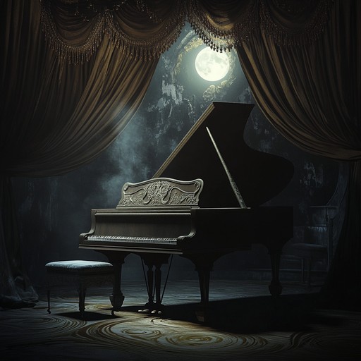 An instrumental composition that intertwines romantic piano melodies with the eerie charm of dark cabaret, creating a mysterious and haunting soundscape reminiscent of a moonlit dance in a shadowy ballroom.