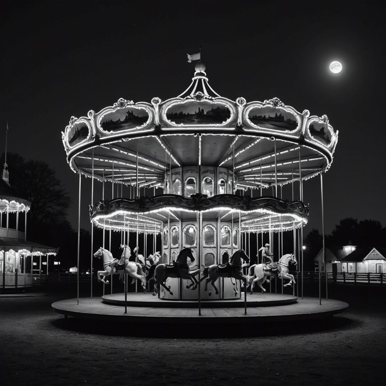 In this haunting composition, an eerie carousel melody echoes through a vacant carnival, embodying the unsettling silence and sudden whistles of a chilly night wind. The music captures the essence of a forgotten fairground that whispers old secrets under the moonlight, offering an immersive and chilling auditory experience. Each note plays with the fine line between whimsical and sinister, pulling the listener deeper into its spectral embrace.