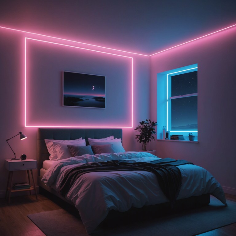 Imagine the sound of a small, cozy bedroom lit by neon lights, where soft synthesizer pads fuse with subtle beats and featherlight melodies, crafting an intimate atmosphere perfect for reflection or gentle insomniation.