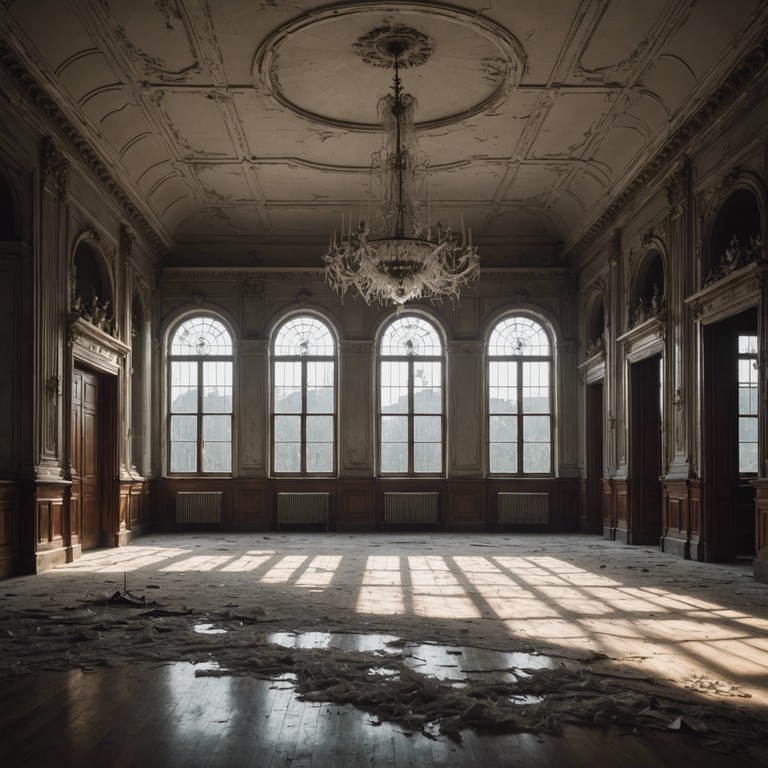 Ghosts of the grand ballroom captures the sorrowful sound of a violin playing in an ancient ballroom, where each melancholy note summons visions of faded elegance and whispers of lost love. The music swirls around the fractured remains of grandeur, inviting listeners to a spectral dance of emotion and remembrance.