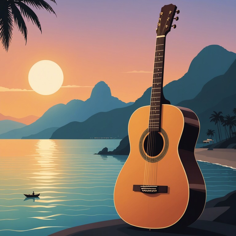 A musical journey that portrays the calming end of the day in rio de janeiro, focusing on the melodic interplay between guitar strings and the imagery of a dying light.