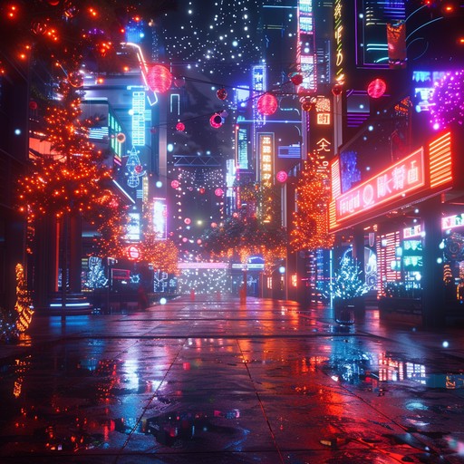 An electrifying and vibrant piece that marries the excitement of holidays with the pulse of a neon lit cyberpunk cityscape. High energy beats and shimmering synths bring to life a virtual world brimming with joyous celebration.