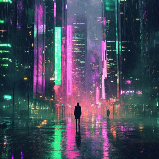 A cyberpunk instrumental capturing the somber melancholy of a dystopian cityscape. Echoing synths and mechanical beats paint a haunting picture of lost love against towering neon buildings and rainy streets. Ideal for reflective moments in sci fi settings.