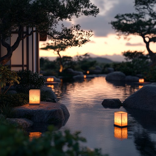 An instrumental piece featuring soothing japanese koto melodies layered with ambient textures, capturing the tranquility of zen gardens at dusk and promoting relaxation and inner peace.