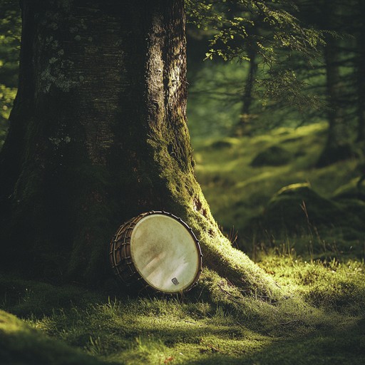 In a tranquil, dense woodland, the sound of a solitary drum mimics the ancient whispers of nature, conveying a story of timelessness and mystic folklore. Each beat resonates with the earth's deep secrets, creating an auditory journey through the forests of old.