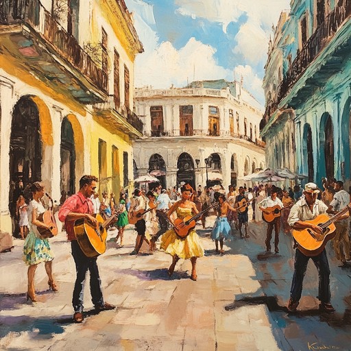 This piece combines playful rumba rhythms with quirky melodic twists. Imagine a lively carnival in havana, where the sounds of clapping hands, vibrant guitar, and surprising musical flourishes bring the scene to life.