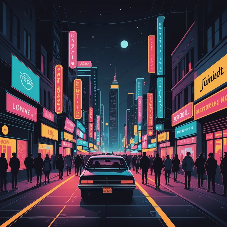 This track features a dominant electric bass setting the rhythm, complemented by vibrant synth melodies and funky guitar riffs, creating an atmosphere of a lively night out in a bustling city. The dynamic shifts align with the neon lights and the energetic crowd of an urban evening.