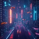 an intense cyberpunk instrumental depicting a dramatic neon lit cityscape