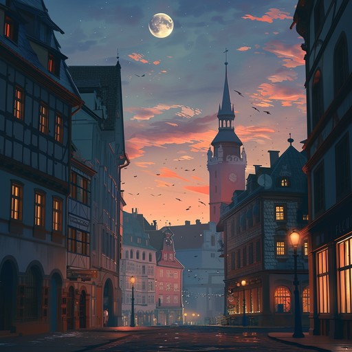 Imagine a scene from an old village square as dusk settles. The song captures the bustling energy turning into a reflective ambiance, with a mix of joy and nostalgia, infused with traditional klezmer scales and rhythms.