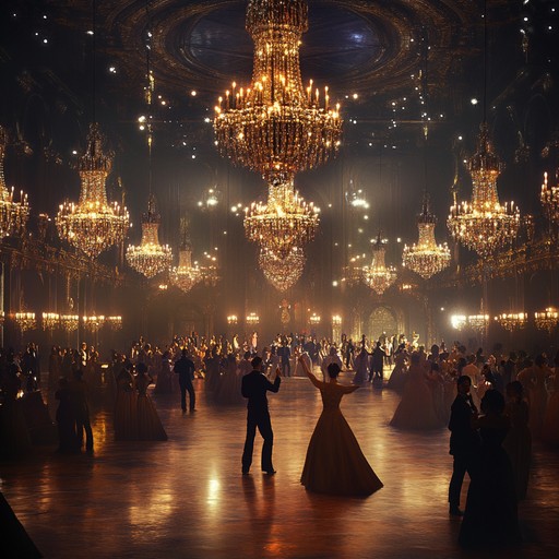 Dive into a dark, swirling ballroom where every dance step disrupts the air with fervor. Envision a grand hall, curtains drawn, as dancers in elegant attire move with intensity, their emotions palpable in every spin and dip. The music, guided by the powerful lead of a violin, captures the stormy passion of timeless elegance.