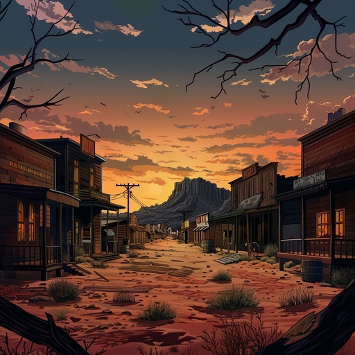 A haunting instrumental evoking the desolation of an old western town at sunset, blending harmonic minor scales with spacious reverbs to create a sense of eerie isolation and history.