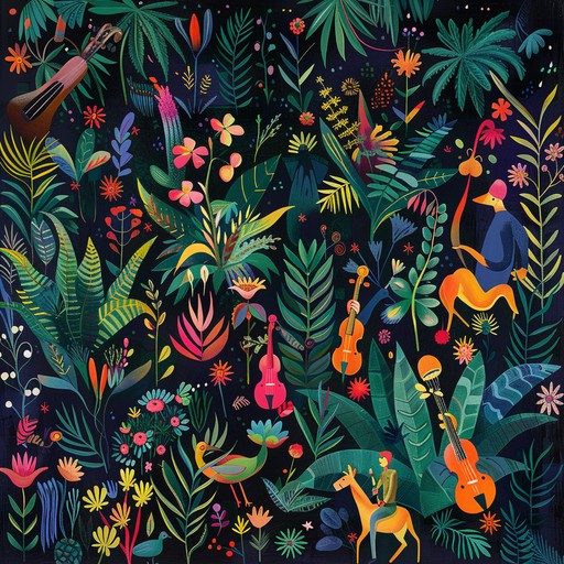 Dive into a whimsical tropical jungle where quirky percussion and vibrant melodies dance together, creating a surprising and rhythmic soundscape filled with playful vibes.