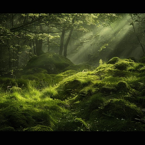 A tranquil and magical journey through an ancient forest, where every step is cushioned by a thick carpet of soft, emerald-green moss. The gentle sounds of nature, like the whisper of leaves and the chirping of birds, blend seamlessly with the delicate plucking of a harp, creating an atmosphere of peace and wonder.