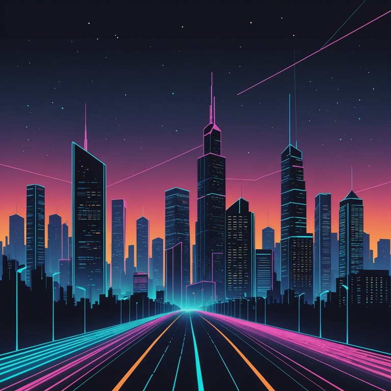 Imagine soaring above a sprawling futuristic city at midnight, with glowing neon lights reflecting on glass skyscrapers and quiet bustling below. This track embodies the tranquil yet vibrant essence of a cybernetic metropolis after dark.