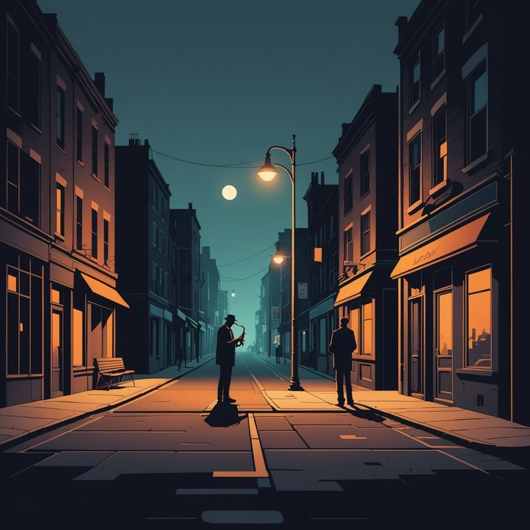 In the heart of the city, under the dim glow of a street lamp, a saxophone wails, capturing the essence of urban mystery and the solitude of midnight walks. This piece combines gritty textures with smooth jazz melodies, portraying a narrative of nocturnal whisperings and shadowy figures in the urban landscape.